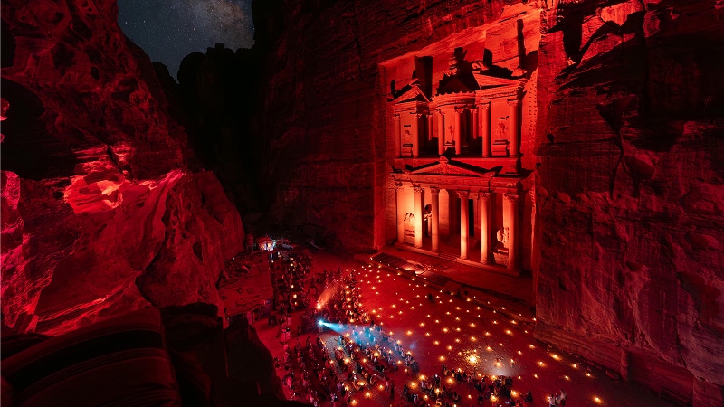 Petra by Night experience - Treasury illuminated by 1500 candles in the darkness